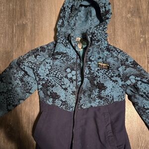 L.L. Bean Girls' Teal Floral Hooded Puffer with Navy Panels